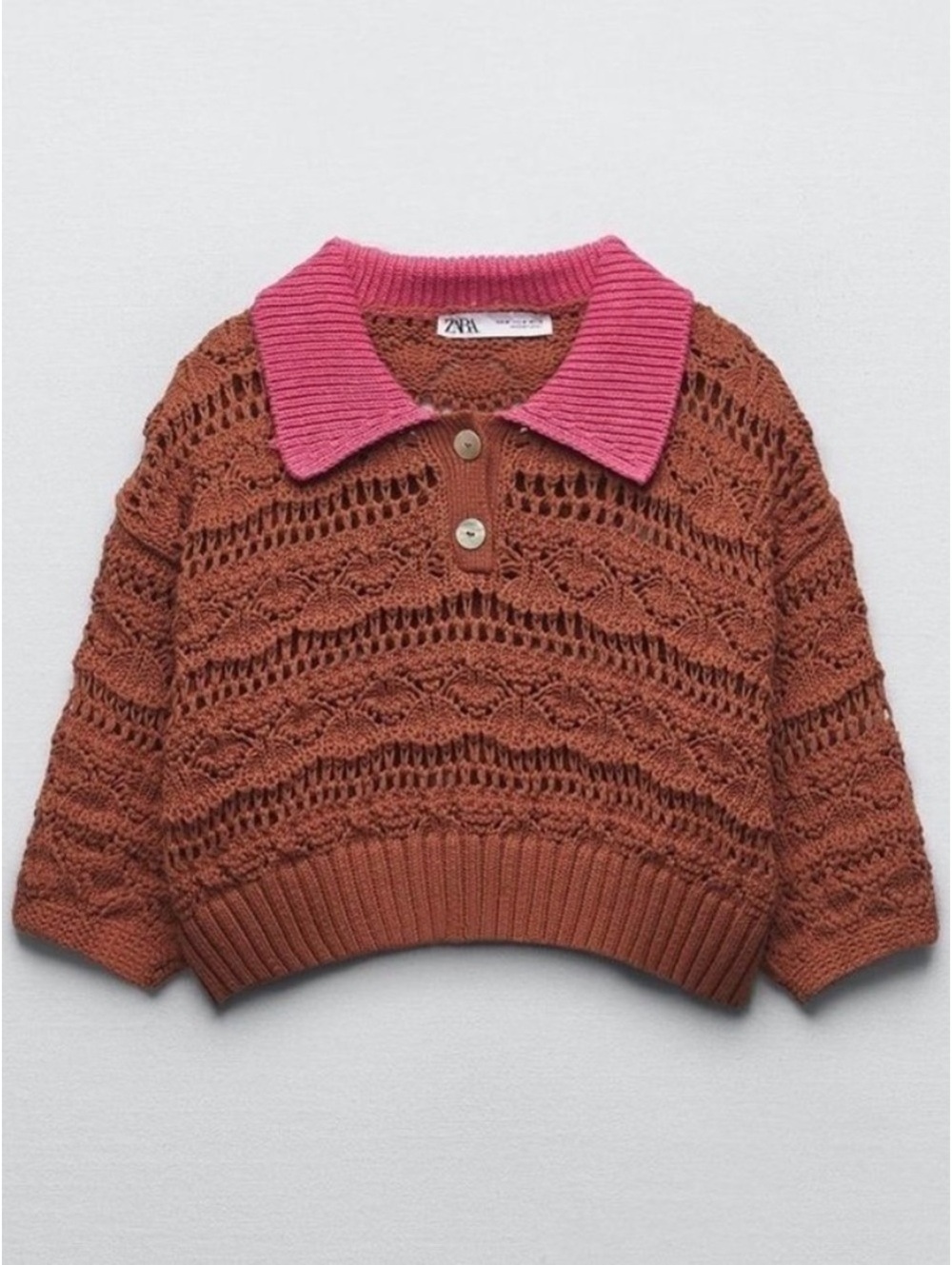 Zara Pointelle Knit Collared Cropped Sweater